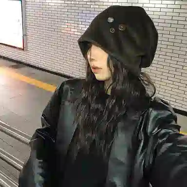 【潮酷穿搭】 浪莎 韩系毛呢纽扣冷帽堆堆帽女生秋冬高级感包头帽子显脸小护耳月子帽 涤纶 绒线帽 女款