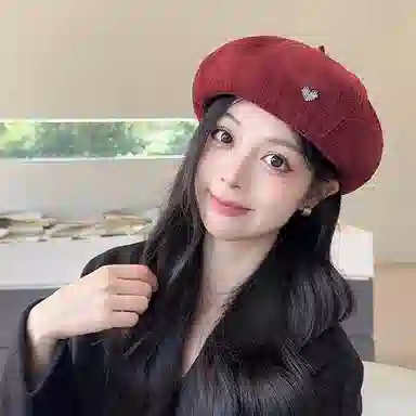 浪莎 复古英伦风简约时尚 纯色爱心时髦个性美拍逛街 聚酯纤维 贝雷帽 女款