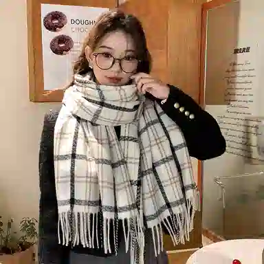 浪莎 秋冬季新款复古格子 学生加厚保暖高级感  礼盒装 聚酯纤维 绒线围巾 男女同款情侣款