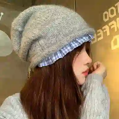 浪莎 日系小众设计慵懒风格纹花边堆堆帽保暖百搭显脸小  针织  绒线帽 女款