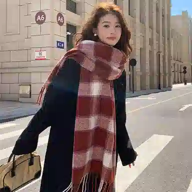 浪莎 韩系复古格纹氛围感学生保暖百搭 心动礼盒装 聚酯纤维 绒线围巾 男女同款情侣款