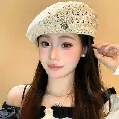 浪莎 日系学院风文艺多巴胺钩花镂空 棉麻 贝雷帽 女款