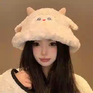 浪莎 超可爱小绵羊毛绒秋冬季百搭显脸小保暖护耳 涤纶 渔夫帽 女款 白色