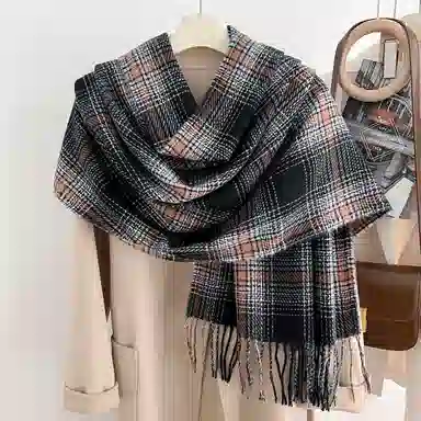 浪莎 韩版氛围感格子流苏秋冬季多巴胺色披肩保暖加厚学生围脖 礼盒装 聚酯纤维 绒线围巾 男女同款情侣款