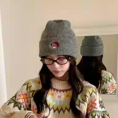 浪莎 日系卡通小熊刺绣简约轻奢感时尚出街百搭大头围堆堆显脸小 聚酯纤维 绒线帽 男女同款情侣款