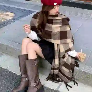 浪莎 优雅格子旅游保暖百搭高级感 聚酯纤维 披肩 女款