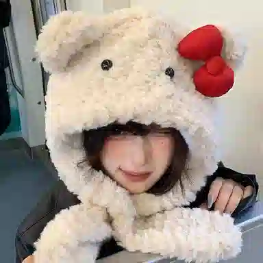 【萌趣可爱】 浪莎 可爱小熊蝴蝶结绒线帽子围巾一体女生秋冬季毛绒加厚保暖围脖护耳雷锋帽 涤纶 绒线帽 女款