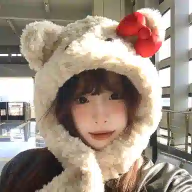 【萌趣可爱】 浪莎 可爱小熊蝴蝶结绒线帽子围巾一体女生秋冬季毛绒加厚保暖围脖护耳雷锋帽 涤纶 绒线帽 女款