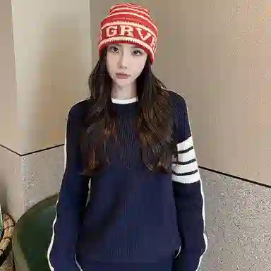 浪莎 韩系字母条纹秋冬保暖护耳大头围显脸小 腈纶 绒线帽 男女同款情侣款