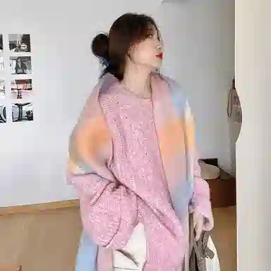 浪莎 软糯粉白 显白出片有氛围 加厚马海毛格子 礼盒装 聚酯纤维 绒线围巾 男女同款情侣款