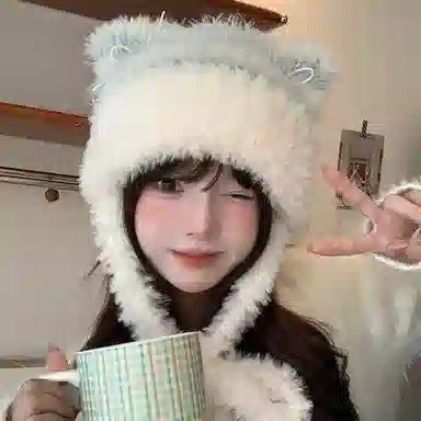 浪莎 纯欲风毛绒可爱蝴蝶结猫耳朵针织帽女生秋冬保暖加厚包头帽防风护耳针织帽 涤纶 绒线帽 女款