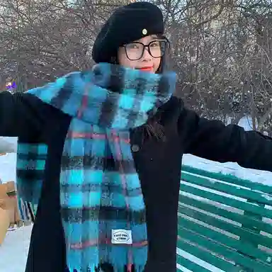 【冬季必备】 浪莎 冰岛蓝围巾秋冬季含羊毛韩系氛围感格子围脖护颈毛绒保暖披肩 绒线围巾 男女同款情侣款