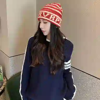 浪莎 韩系字母条纹秋冬保暖护耳大头围显脸小 腈纶 绒线帽 男女同款情侣款