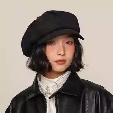 浪莎 时尚英伦复古风八角云朵帽女生秋冬纯色金属标简约百搭短檐贝雷帽 涤纶 贝雷帽 女款