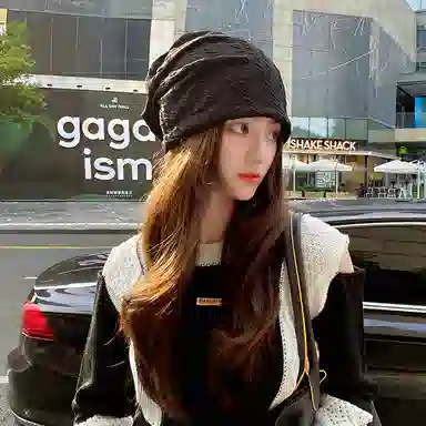 浪莎 韩式小清新简约纯色格纹堆堆休闲百搭防风包头大头围显脸小潮流 棉 绒线帽 男女同款情侣款