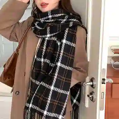 浪莎 秋冬季新款复古格子 学生加厚保暖高级感  礼盒装 聚酯纤维 绒线围巾 男女同款情侣款