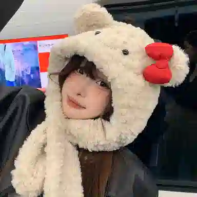 【萌趣可爱】 浪莎 可爱小熊蝴蝶结绒线帽子围巾一体女生秋冬季毛绒加厚保暖围脖护耳雷锋帽 涤纶 绒线帽 女款