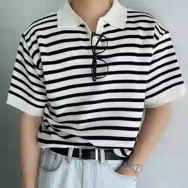 SHANTREE Casual Knit Tee White Stripe