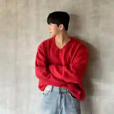 SHANTREE V-Neck Knit Sweater Red