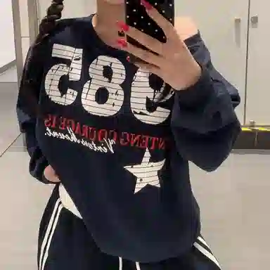 桴生 美式复古斜肩露肩宽松百搭印花上衣卫衣 女款