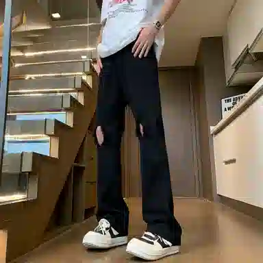 沐诚阳译 美式高街破洞百搭拉链磨破合身复古高腰微喇牛仔裤 男女同款