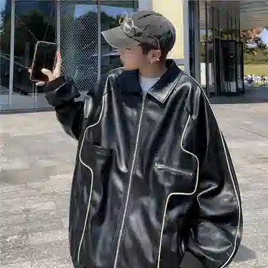 美式潮流高街复古个性拼接设计时尚百搭高级感街头机车风休闲外套皮衣 男女同款