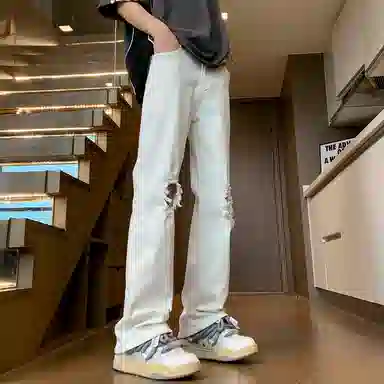 沐诚阳译 美式高街破洞百搭拉链磨破合身复古高腰微喇牛仔裤 男女同款