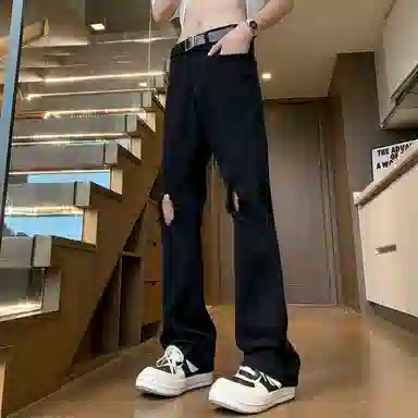 沐诚阳译 美式高街破洞百搭拉链磨破合身复古高腰微喇牛仔裤 男女同款