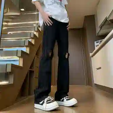 沐诚阳译 美式高街破洞百搭拉链磨破合身复古高腰微喇牛仔裤 男女同款