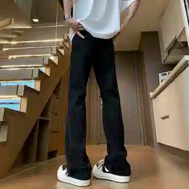 沐诚阳译 美式高街破洞百搭拉链磨破合身复古高腰微喇牛仔裤 男女同款