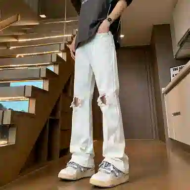 沐诚阳译 美式高街破洞百搭拉链磨破合身复古高腰微喇牛仔裤 男女同款