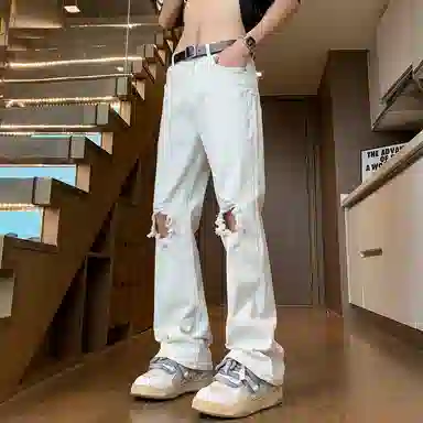 沐诚阳译 美式高街破洞百搭拉链磨破合身复古高腰微喇牛仔裤 男女同款
