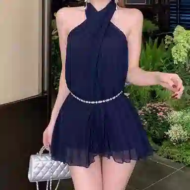 玉儿恋 御姐风挂脖收腰气质简约无袖连衣裙 女款