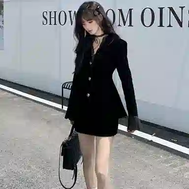 桴生 韩系丝绒蕾丝拼接收腰性感时尚上衣裙装套装 女款