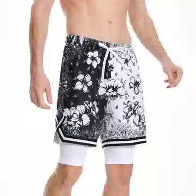 特色玫瑰蛇纹拼花透气速干凉感宽松篮球训练五分假两件裤运动短裤 男女同款