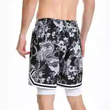 特色玫瑰蛇纹拼花透气速干凉感宽松篮球训练五分假两件裤运动短裤 男女同款