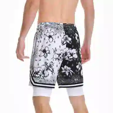 特色玫瑰蛇纹拼花透气速干凉感宽松篮球训练五分假两件裤运动短裤 男女同款