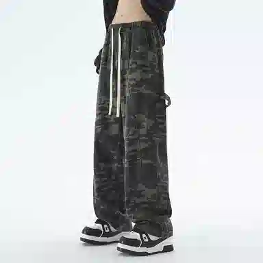 悍戈 美式百搭复古山系户外工装通勤弹力宽松微喇系带牛仔裤 男女同款 迷彩色