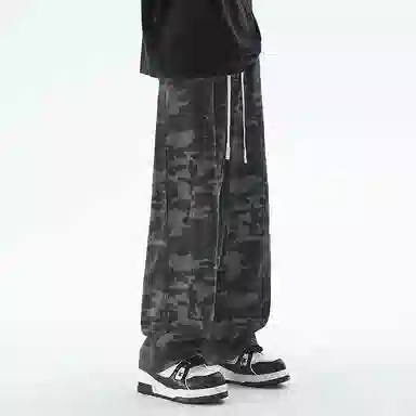 悍戈 美式百搭复古山系户外工装通勤弹力宽松微喇系带牛仔裤 男女同款 迷彩色