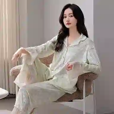 秀黛 荷叶边拼接翻领长袖可外穿睡衣套装 女款