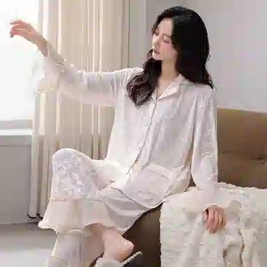 秀黛 荷叶边拼接翻领长袖可外穿睡衣套装 女款