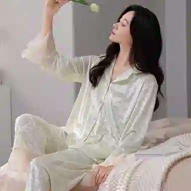 秀黛 荷叶边拼接翻领长袖可外穿睡衣套装 女款