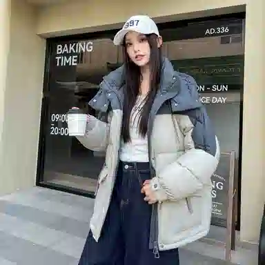 鸭鸭 撞色宽松休闲面包服羽绒服 女款