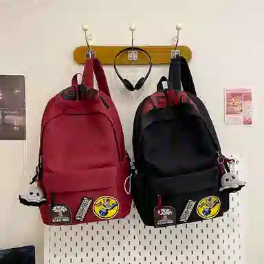 揽月 美式涂鸦大容量出游初高中大学生百搭通勤 尼龙 书包双肩包 大号 男女同款情侣款 白色/黑色/红色/灰色/卡其色