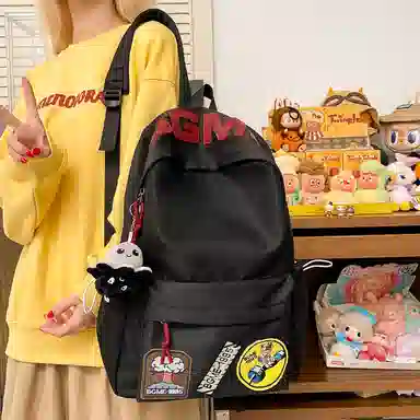 揽月 美式涂鸦大容量出游初高中大学生百搭通勤 尼龙 书包双肩包 大号 男女同款情侣款 白色/黑色/红色/灰色/卡其色