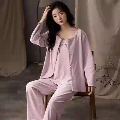 兰缪 甜美时尚海岛绒带胸垫三件套舒适保暖性感蕾丝吊带圆领开衫家居服运动亲肤透气可外穿睡衣套装 女款 图片色