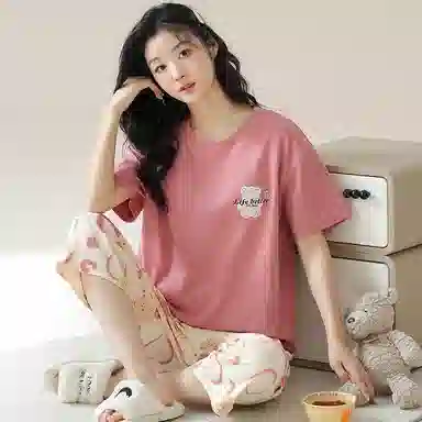 兰缪 凉感甜美爱心可爱小熊印花柔软亲肤面料舒适安睡居家可外穿睡衣套装 女款