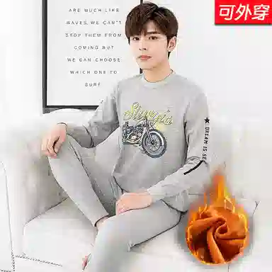 兰缪 青少年加绒加厚个性涂鸦圆领套头抗寒蓄热锁温不易褪色防刮耐磨不起球透气舒适保暖套装 男款