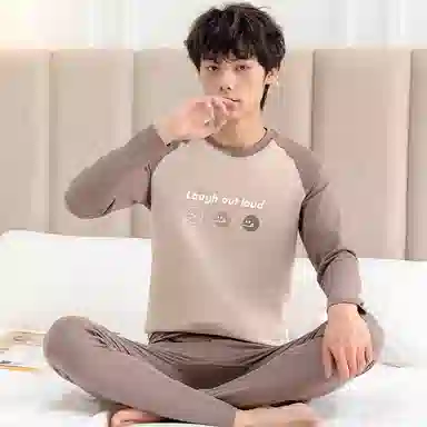 兰缪 插肩圆领套头舒适亲肤柔软长袖上衣抑菌透气打底可外穿长裤保暖套装 男款