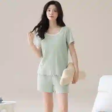 兰缪 时尚圆领甜美舒适透气干爽带胸垫防凸点居家可外穿短袖三分裤睡衣套装 女款